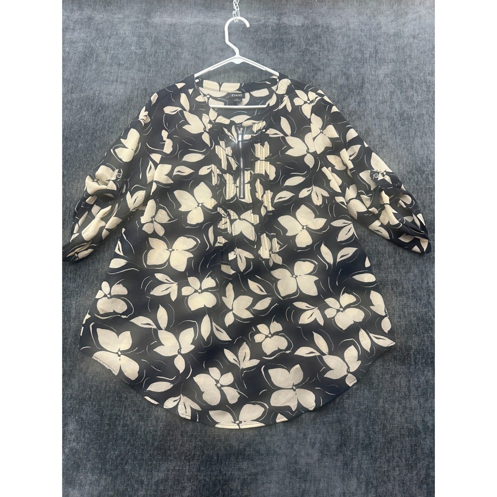 Evans Blouse Top Womens 16‎ Beige Black Floral Stretch Roll Tab Sleeve Half Zip